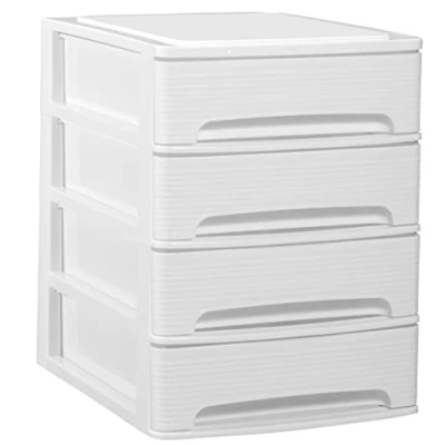 Imagen de COM FORT HOUSE Cajonera Apilable de Plástico Modelo Lineas Color Blanco 4 Cajones Almacenamiento Modular