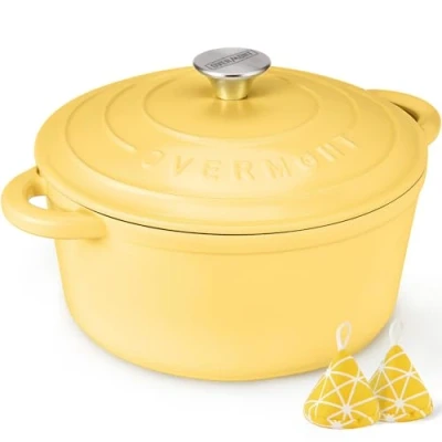 Imagen de Overmont Olla de Hierro Fundido Antiadherente Cacerola Holandesa Esmaltado con Tapa Ø26 cm Redonda para Cocinas Inducción Goose Yellow