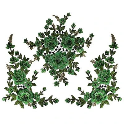 Imagen de T2612 Parches de tela con bordado flores en 3D, adornos encaje, para coser, manualidades, suministros costura (verde)
