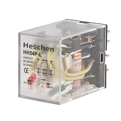 Imagen de Heschen HH54P L 220VAC Relé de potencia propósito general 4PDT con bobina 3A 220V AC/24V DC 14 terminales y LED