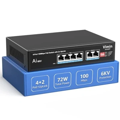 Imagen de Switch PoE 6 Puertos con 4 PoE, VIMIN de Red 10/100 Mbps no Gestionado 2 Enlace Ascendente, Perro Guardián IA, VLAN, Extensión 250 m, 72 W