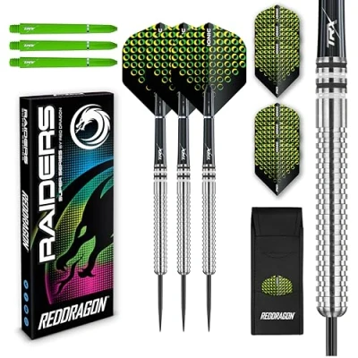 Imagen de RED DRAGON Raider 1: 23g Steel Tip Tungsten Darts Set Green Style of Professional with Shafts (Stems), Flights and Checkout Card Choice Colour Available