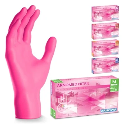 Imagen de ARNOMED guantes nitrilo talla M, rosa, de nitrilo, 100 uds/caja, desechables sin polvo, goma látex, XS, S, L y XL