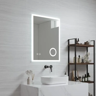 Imagen de pro.tec Espejo de Pared con LED para Baño 3X Lupa Ganchos Instalación Vertical IP65 3 Opciones Temperatura Luz Blanca Interruptor Táctil Aluminio 80 x 60 cm Blanco