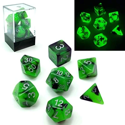 Imagen de Bescon juego de dados poliédricos dos tonos que brillan en la oscuridad, rocas espeluznantes, luminosos RPG d4 d6 d8 d10 d12 d20 d% caja ladrillo embalaje