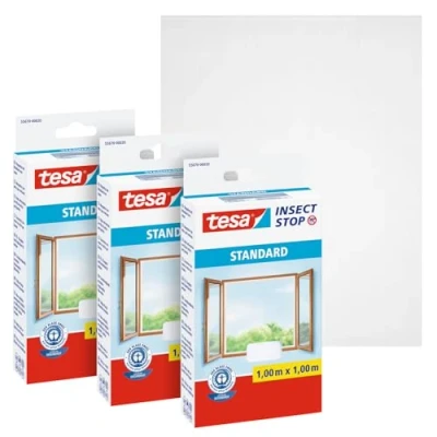 Imagen de tesa Insect Stop Malla Mosquitera STANDARD para Ventanas en Paquete de 3 Autoadhesiva Recortable al Tamaño Deseado Blanca, 130 cm x 150