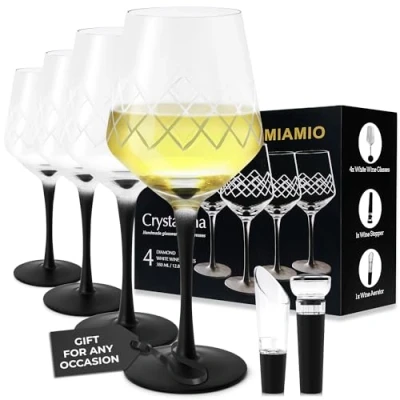 Imagen de MIAMIO copas de vino blanco 380 ml, Juego 4 cristal premium con tallo largo negro, únicas Colección Crystaluna