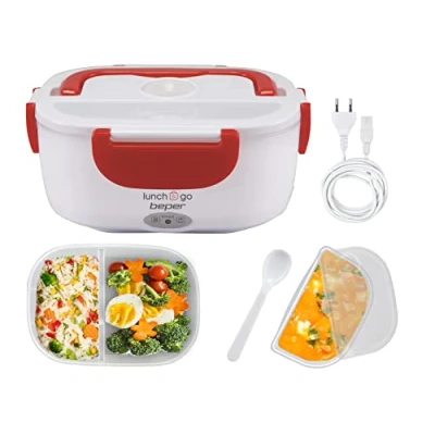 Imagen de BEPER 90.920R Calentador Eléctrico Portátil de Comida, 2 Recipientes Extraíbles, Cubiertos Incluidos, 220V, Rojo