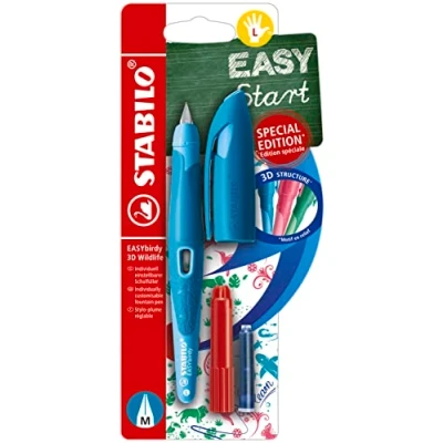 Imagen de STABILO EASYbirdy 3D Wildlife Special Edition Pluma estilográfica ergonómica en color azul, para zurdos, punta de principiante, cartucho azul y llave ajuste incluidos