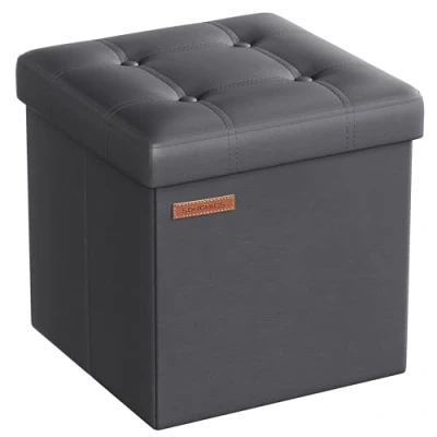 Imagen de SONGMICS Puff Almacenaje de 38 cm, Banco Almacenamiento Plegable con Tapa, Reposapiés, Cuero Sintético, Carga 300 kg, para Entrada, Sala Estar, Dormitorio, Gris Pizarra LSF030G11