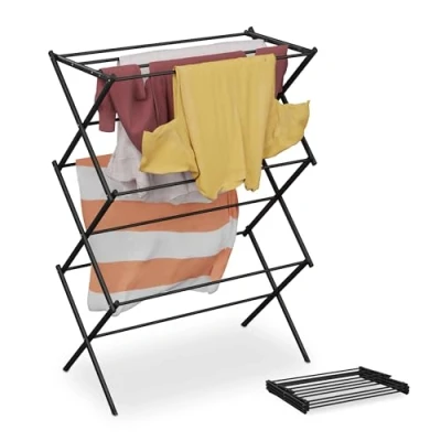 Imagen de Relaxdays Tendedero Torre Plegable, con 11 Barras, 104 x 73 38 cm, Tenderete Interiores para Secar Ropa, Metal, Negro, Hierro