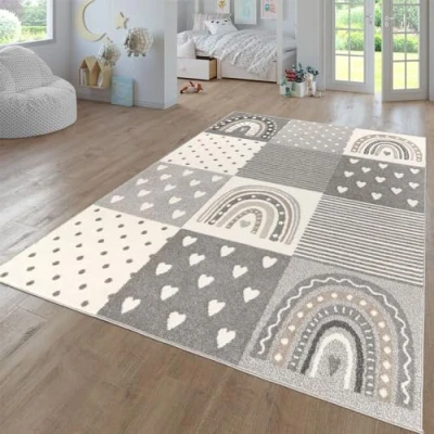 Imagen de TT Home Alfombra De Habitacion Bebe Infantil Niña Niño Juego Moderna Arcoíris Nube Motivo Animal Colorido, Color:Gris Beige, Tamaño:160x220 cm