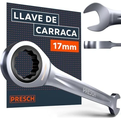 Imagen de PRESCH Llave carraca 17mm Ángulo de retorno mínimo (4, 90 dientes) Inclinación 15 para espacios reducidos duradera fresada con precisión