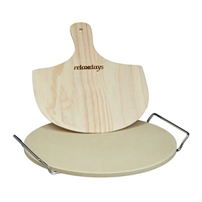 Imagen de Relaxdays Set de Piedra Horno, Pala Pizza y Soporte Metálico, Bandeja, 1 cm Grosor, Cordierita Madera Metal, Marrón, Pack