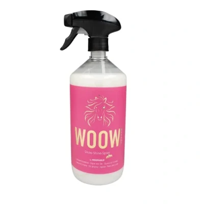 Imagen de HOOFGOLD WOOW Spray para cola y crines caballos, 1000 ml, cuidado suave, elimina los enredos, fácil de peinar, dar volumen brillo con el efecto