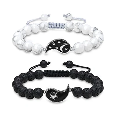 Imagen de COAI Pulsera Yin Yang para Parejas de Novios con Cuentas Howlita y Piedra Lava Piedras Semipreciosas Amuleto Sol Luna