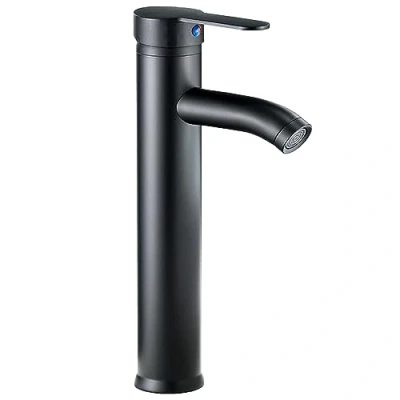 Imagen de Grifo alto para lavabo de baño, acero inoxidable, monomando agua fria y caliente con mangueras incluidas, caño curvo, negro mate