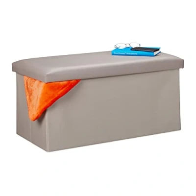 Imagen de Relaxdays Banco con Almacenaje, Baúl Almacenamiento, Piel Sintética, Asiento Acolchado, 37,5 x 76,5 38,5 cm, Gris, Gomaespuma, Sitzbank mit Stauraum Kunstleder gepolstert