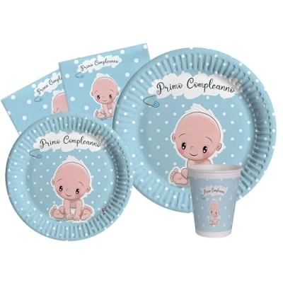 Imagen de Ciao Kit Vajilla de Fiesta Primo Compleanno para 24 personas (112 pcs: platos Ø23cm, Ø18cm, vasos 250ml, 40 servilletas 33x33cm) papel compostable eco friendly, azul