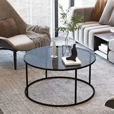 Imagen de Mesa de Centro Auxiliar Redonda Soporte Estable Montaje Rápido Metal/Vidrio Templado Ahumado Ø80 x45 cm Negro/Transparente