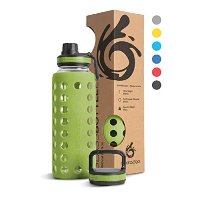 Imagen de hydro2go® Botella de Vidrio con Tapa Silicona 950 ml Apto para lavavajillas 2 Tapas Intercambiables 100% Impermeable