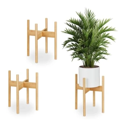 Imagen de Relaxdays Pack 3 Macetas, Portamacetas de Interior, Bambú, Soportes para Tiestos hasta 29 cm, Natural, XL