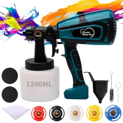 Imagen de Pistola de Pintura HVLP 800 W, Electrica con Recipiente 1200 ml, 5 Boquillas Latón, Caudal Regulable sin Escalonamientos, Varios Modos Pulverización