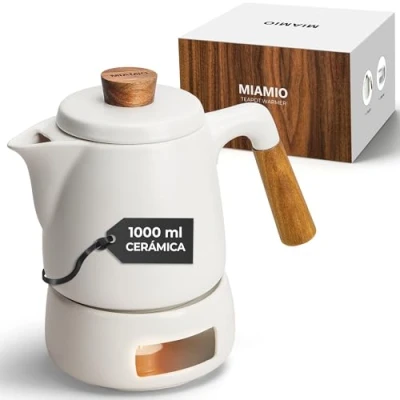 Imagen de MIAMIO Juego de Tetera con calentador / 1L 1000 ml infusor para preparar té hojas sueltas Regalo mujeres/amantes del (Blanco)