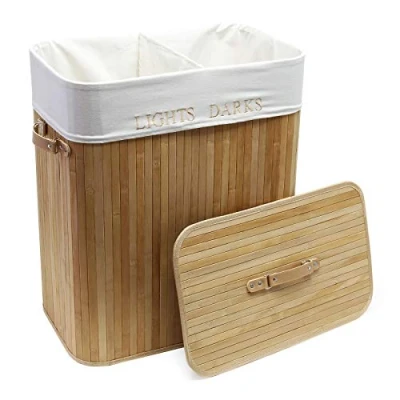 Imagen de Wiltec Cesta plegable ropa sucia de bambú 105l color natural con saco interior lino 2 compartimentos clara oscura tapa removible usable como cesto juguetes