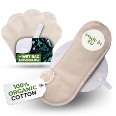 Imagen de Compresas Reutilizables Ecológicas Algodón Orgánico; 6 Pack + Bolsa (S+M) de Tela Lavables para Mujer HECHAS EN LA UE; Organico con alas menstruación, incontinencia