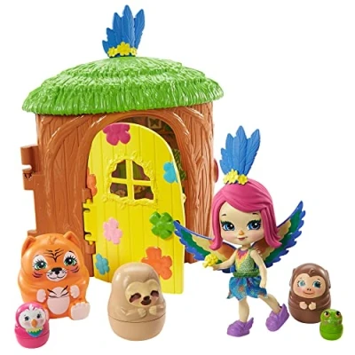 Imagen de Enchantimals Peeki Parrot y casa del árbol Muñeca con mascota matrioska sorpresa de juguete (Mattel GTM49)
