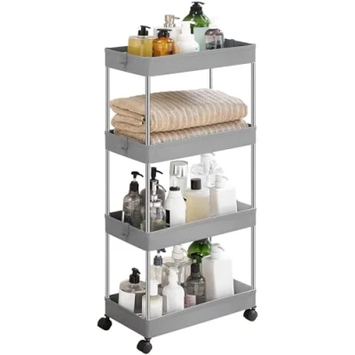 Imagen de SONGMICS Carrito Auxiliar con Ruedas de 4 Niveles, Cocina Plástico, Estrecho Almacenamiento, Ahorra Espacio, para Baño, Cocina, Oficina, 40 x 22 88 cm, Gris KSC010G01