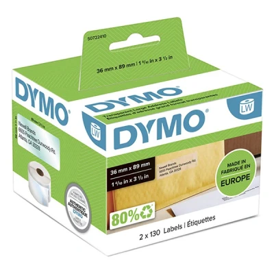 Imagen de DYMO LW etiquetas de dirección auténticas 36 mmx89mm impresión negra sobre fondo transparente 2 rollos 130 con reverso fácil retirar(260 unidades)para etiquetadoras LabelWriter