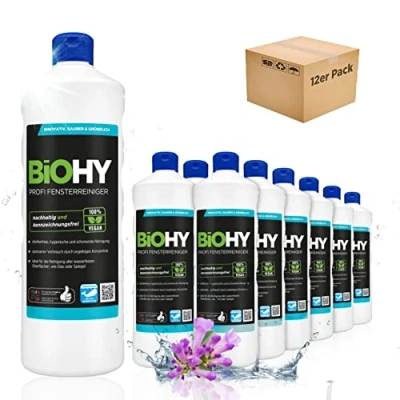 Imagen de BiOHY Limpiacristales profesional (12 botellas de 1 litro) Limpiador concentrado vidrios, para ventanas Limpieza optima y espejos (Fensterreiniger)