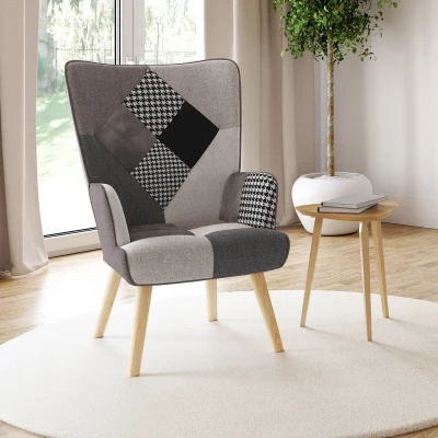 Imagen de IDMarket Ivar Sillón escandinavo de tela Patchwork Negro, Gris y Blanco