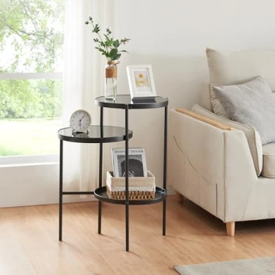 Imagen de [en.casa] Mesa Auxiliar Redonda con 2 Estantes de Salón Junto al Sofá Mesilla Noche Multifuncional Estable Decorativo Versátil Cristal Templado Metal 70x58x37cm Negro