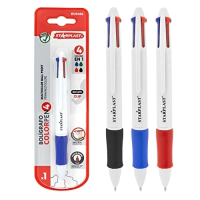 Imagen de Starplast BOLIGRAFO RETRÁCTIL 4 Colores CON antideslizante aleatorio Azul, verde, rojo y nego de punta media 1mm. Incluye clip color