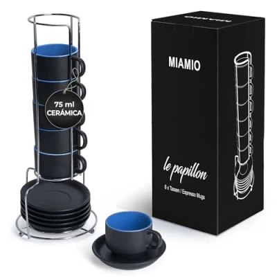 Imagen de MIAMIO 6 x 75 ml Tazas Cafe Espresso De Cerámica Gres Juego Café con Plato Le Papillon Colección (Azul)