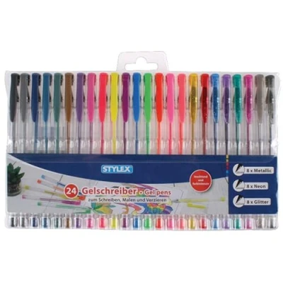 Imagen de Stylex 43834 Bolígrafo de gel, 24 bolígrafos surtido en 8 colores metálicos, neón y brillantes, para escribir, pintar decorar