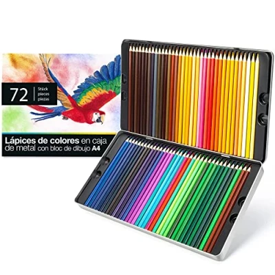 Imagen de OfficeTree Set 72 lapices colores con bloc de dibujo A4 profesionales para adultos caja metal lápices lápiz &amp; goma