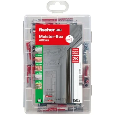 Imagen de fischer Meister box Duopower Caja de tacos (corta/larga, con tornillo, 150 tornillos y DUOPOWER), juego universal para numerosos materiales construcción fijaciones