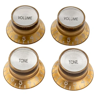 Imagen de Musiclily Pro Zurdas Tamaño Métrico 18 Splines 2 Volume Tone Botones de Potenciómetros Reflector Knobs Set para Guitarra Eléctrica Epiphone Les Paul SG Style, Dorado con Plateado Top (Juego 4)