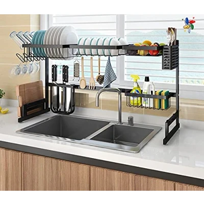 Imagen de HUOLE Escurridor de Platos Acero Inoxidable para Platos, Cuencos, Tazas Estante Cocina, Desmontable, 2 Niveles (85x32x52cm)