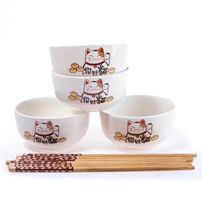Imagen de lachineuse Juego de 4 cuencos gato japonés Tazones arroz, desayuno y sopa Con palillos Vajilla Maneki Neko Regalo original lindo Deco Kawaii Japón Blanco