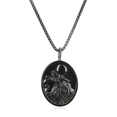 Imagen de COAI Collar de Acero Inoxidable con Colgante Lobo Aullando a la Luna Obsidiana Negra Piedra Natural para Hombre
