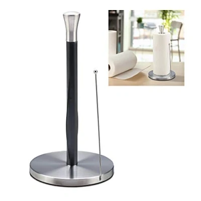 Imagen de Relaxdays Portarrollos Cocina Vertical, Acero Inoxidable, Soporte Rollos Papel Encimera, 33 x 17 cm, Plateado/Negro