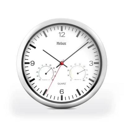 Imagen de Mebus Quarz Wanduhr mit Thermometer und Hygrometer/silberner Rahmen/weißes Zifferblatt / 25cm Durchmesser/Rund/Modell: 56730 Farbe: Silber, Weiß