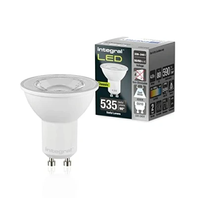 Imagen de Integral Bombilla LED 10 PACK GU10 Frío Blanco 4000K, 590LM, 4,9W (equivalente a 75W) no regulable Eficiencia energética e ideal para focos y luces empotradas en baños, cocinas, salones