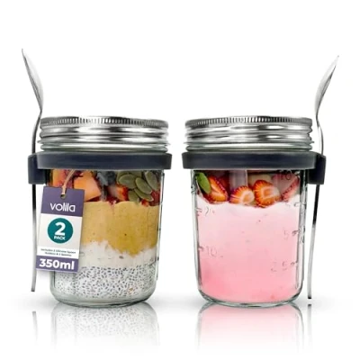 Imagen de volila Overnight Oats Contenitore 350ml Pack de 2 Vaso Cristal con tapa para Avena, Yogurt, Fruta, Set Tarro Hermetico