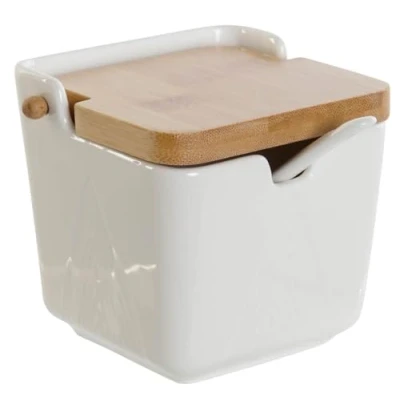 Imagen de Azucarero de porcelana blanco con tapa bambu estilo nordico (Azucarero)